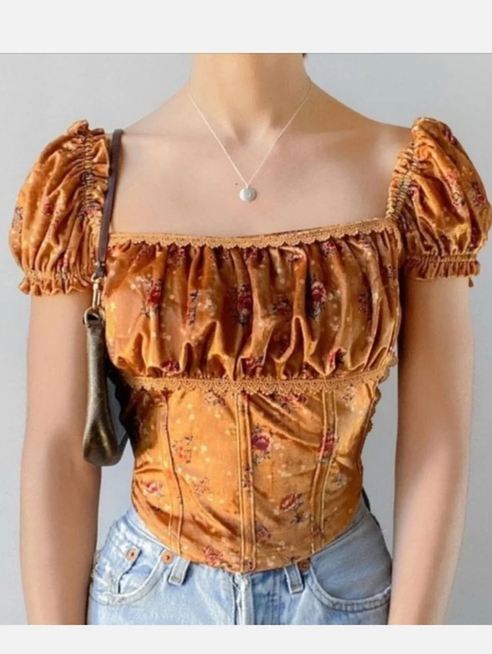 Free People Velvet Floral Milkmaid Corset Crop Top Honey Bronze L EUC